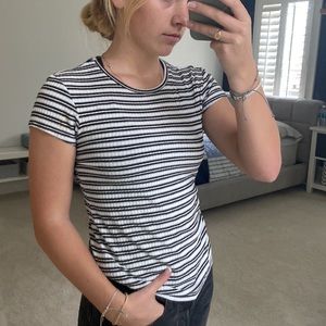 Max Studio T stripped shirt. Black, grey, and white combo.